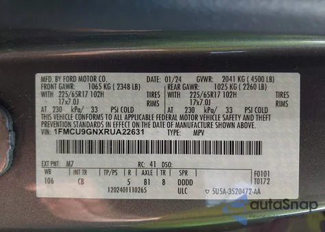 2024 Ford Escape Active из США, поврежденный, VIN 1FMCU9GNXRUA22631